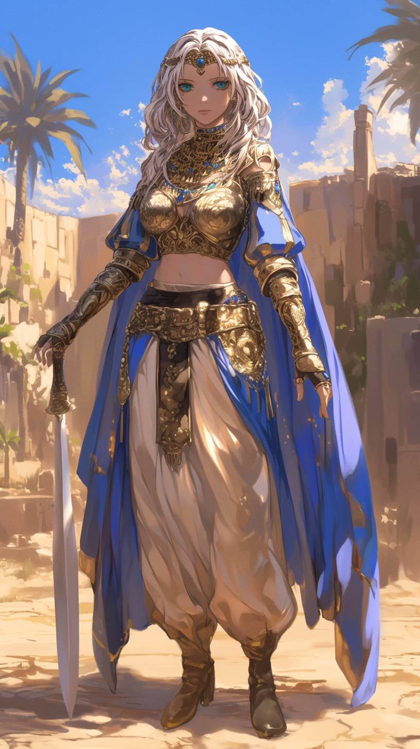 Egyptian anime girl, fashion fusion of ancient and modern, elegant linen dress with gold jewelry and gladiator sandals.