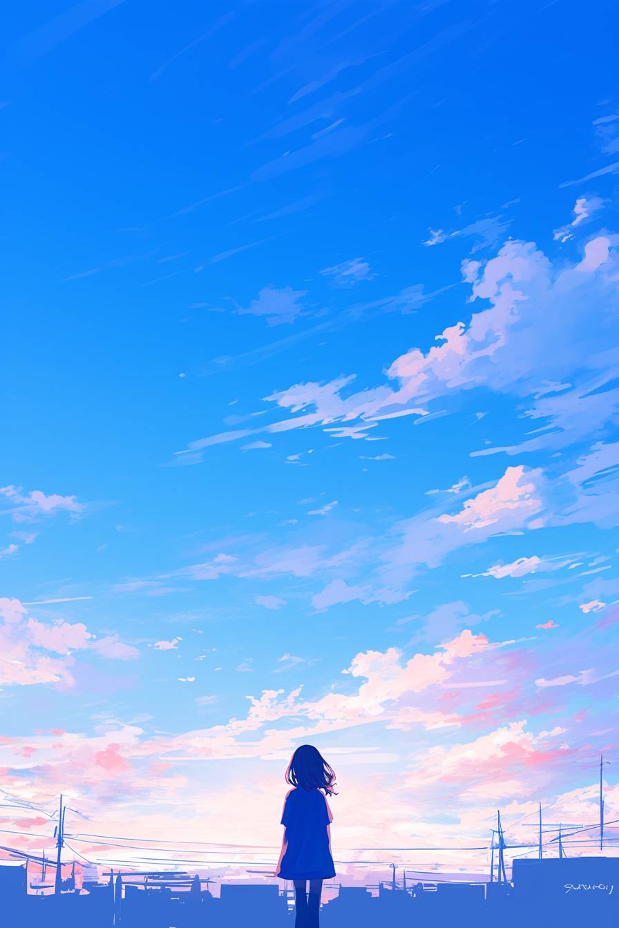 Chica de anime simple y elegante, cielo de suave degradado, fondo de ciudad minimalista.