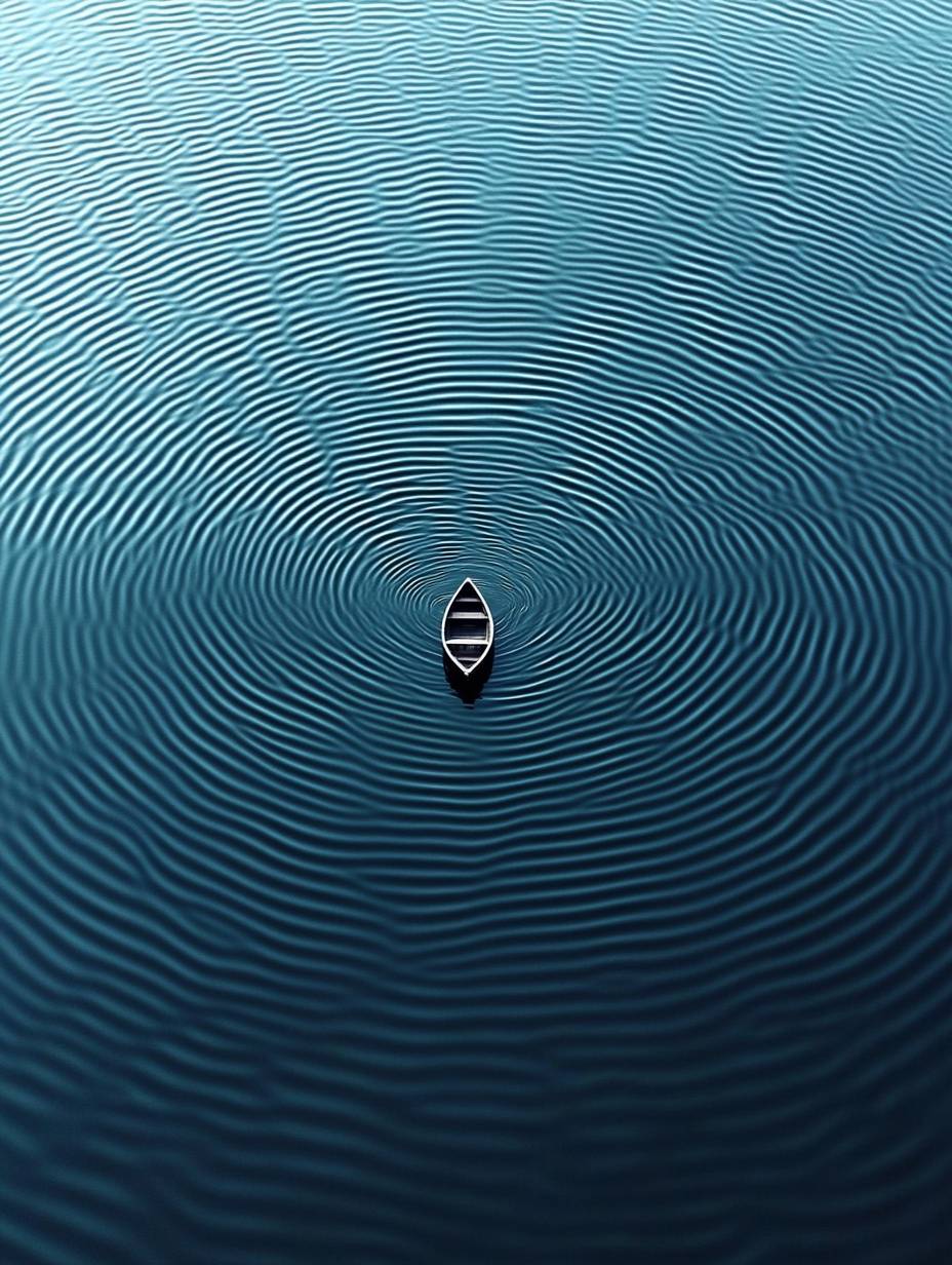 Un pequeño bote está en el medio de un lago azul tranquilo, rodeado de ondas concéntricas.