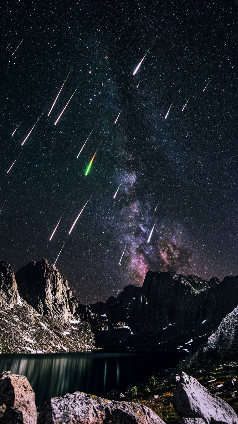 Meteor shower over mountain peaks with the Milky Way night sky