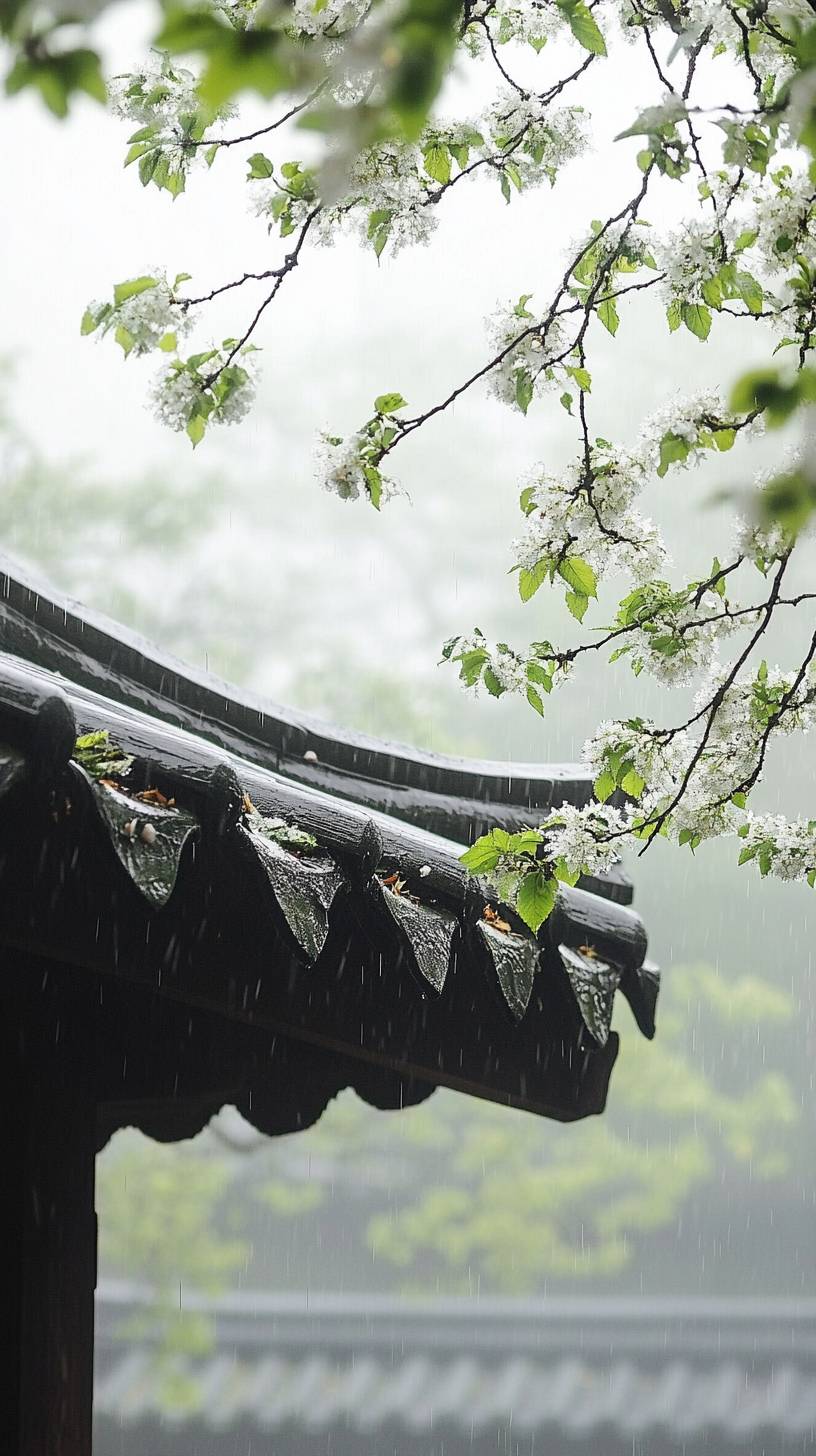 Festival Qingming, chuvisco, árvores luxuriantes.