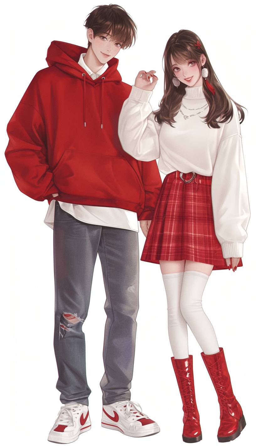 A couple in matching red and white outfits: he wears a red hoodie and white jeans, while she wears a white sweater and red skirt.