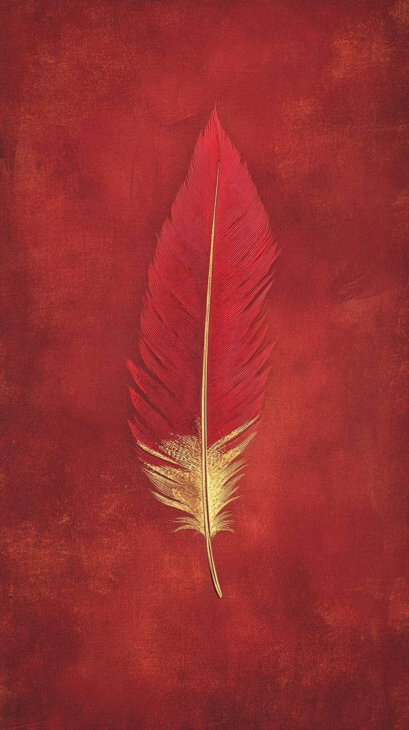 A single red phoenix feather with delicate gold accents on a rich red background creates a refined mythical look.