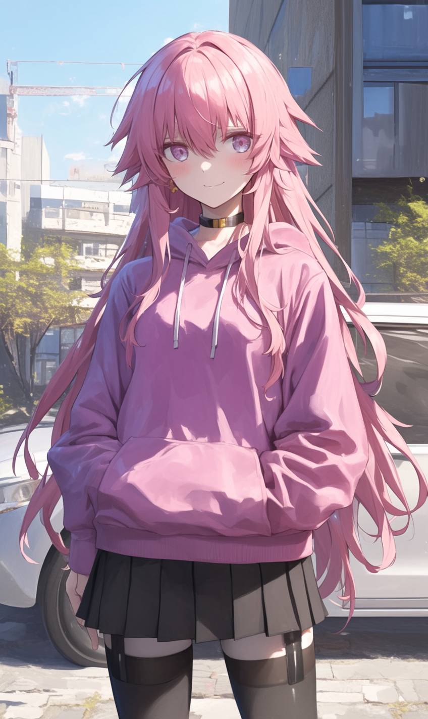 Yuno Gasai de Future Diary usa um moletom rosa casual mas estiloso e uma saia branca, segurando um caderno com uma expressão intensa e focada em um beco tranquilo.