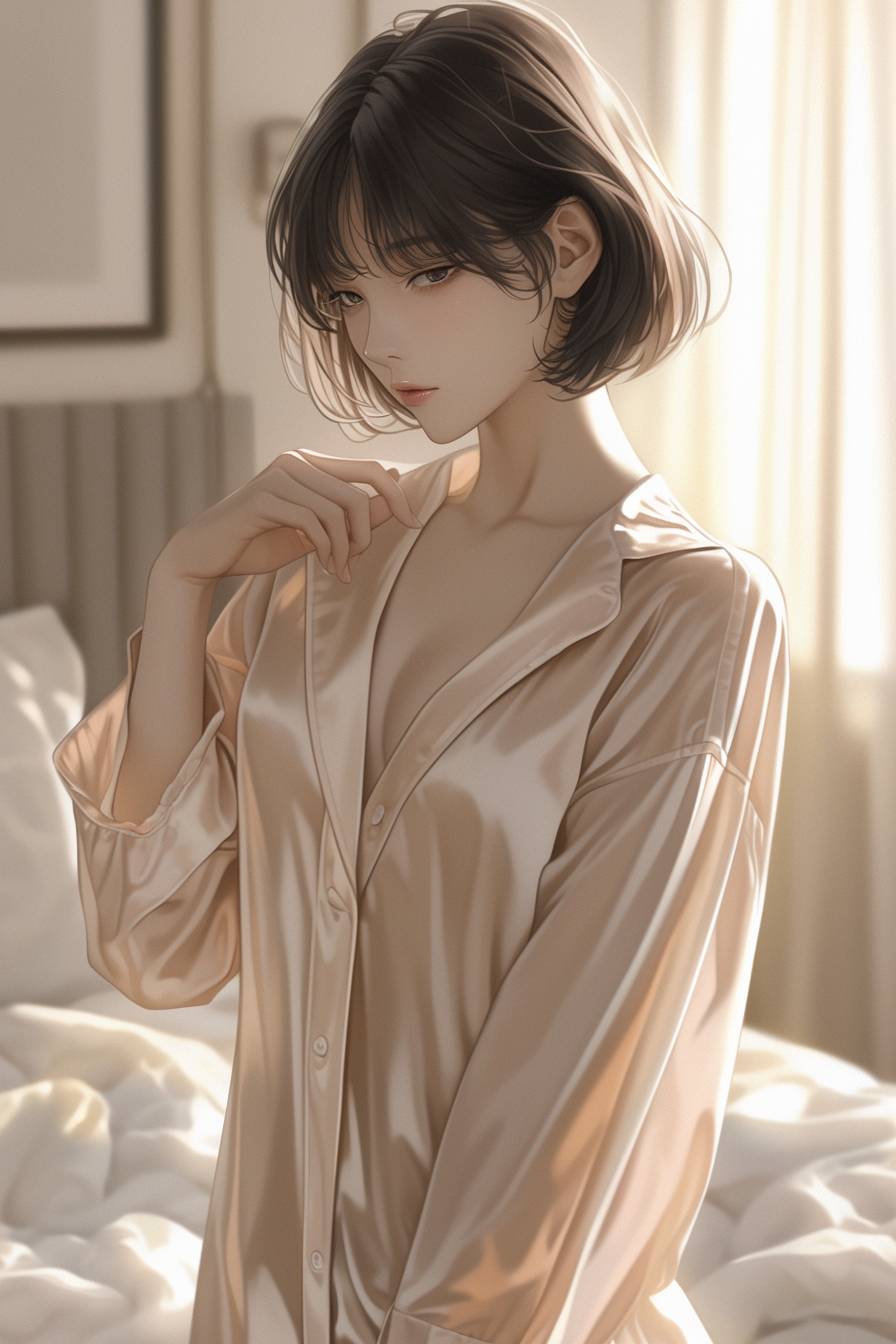 1 fille, style Song Hye-kyo, élégants pyjamas en soie crème, robe de nuit de designer, coupe au carré sophistiquée, chambre minimaliste