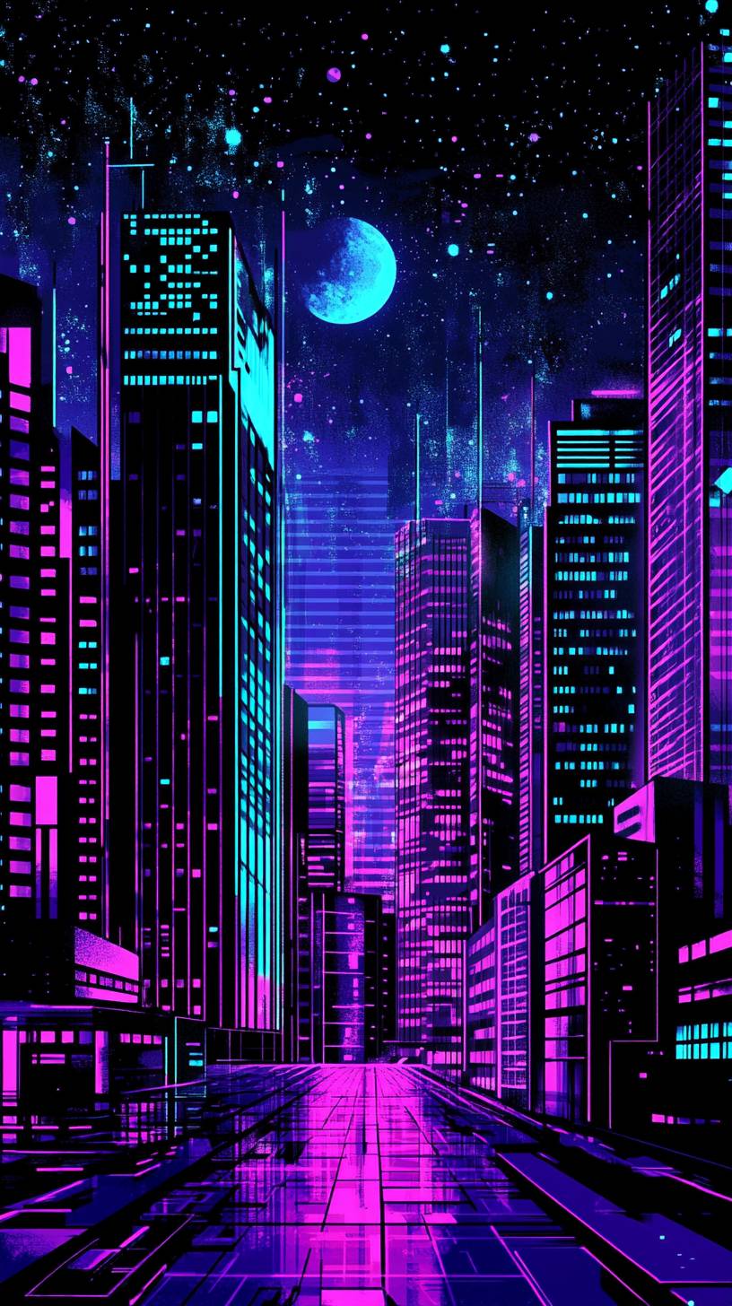 Un paysage urbain futuriste la nuit, avec des lumières néon illuminant de sleek gratte-ciel dans des bleus, violets et roses vibrants, créant une esthétique cyberpunk.