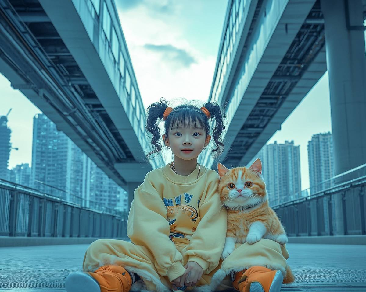 重慶の李子坝ライトレール駅で、二つの三つ編みの女の子と彼女の太った猫が遊んでいる写真撮影。背景は高層ビルと青い空。