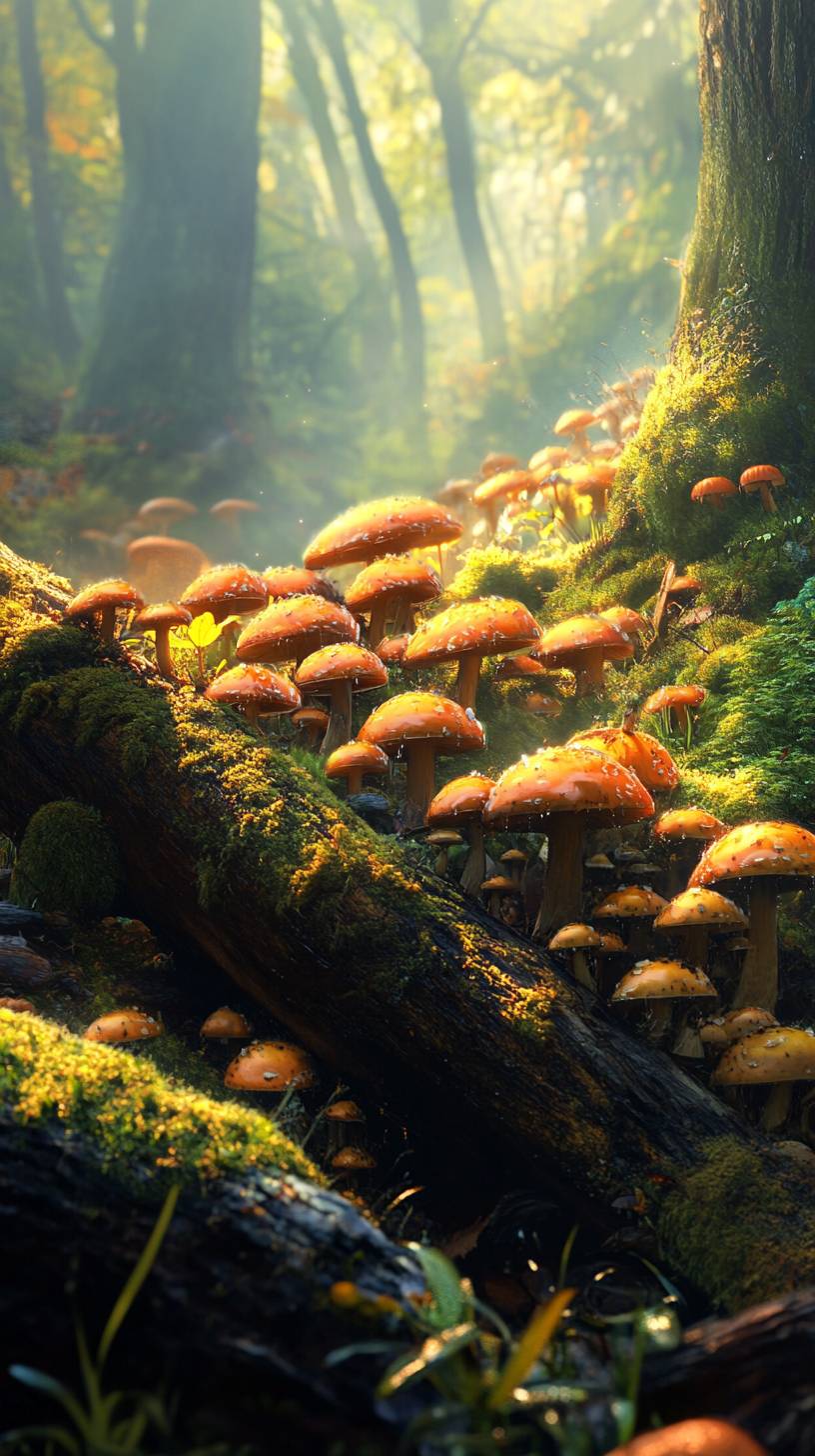 Forest mushroom garden, morning dew, moss covered logs, magical woodland