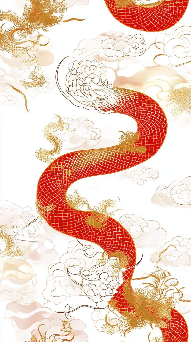 White snake pattern, red and gold color scheme, technology, abstract style, pure white background, gold glitter.