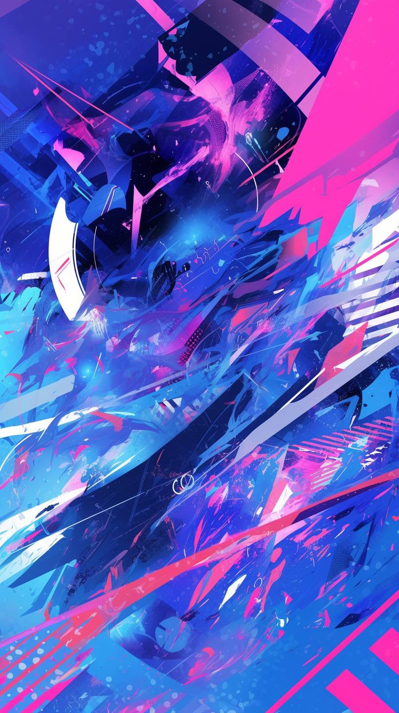 Abstract splashes of neon pink and blue with geometric patterns in the background.