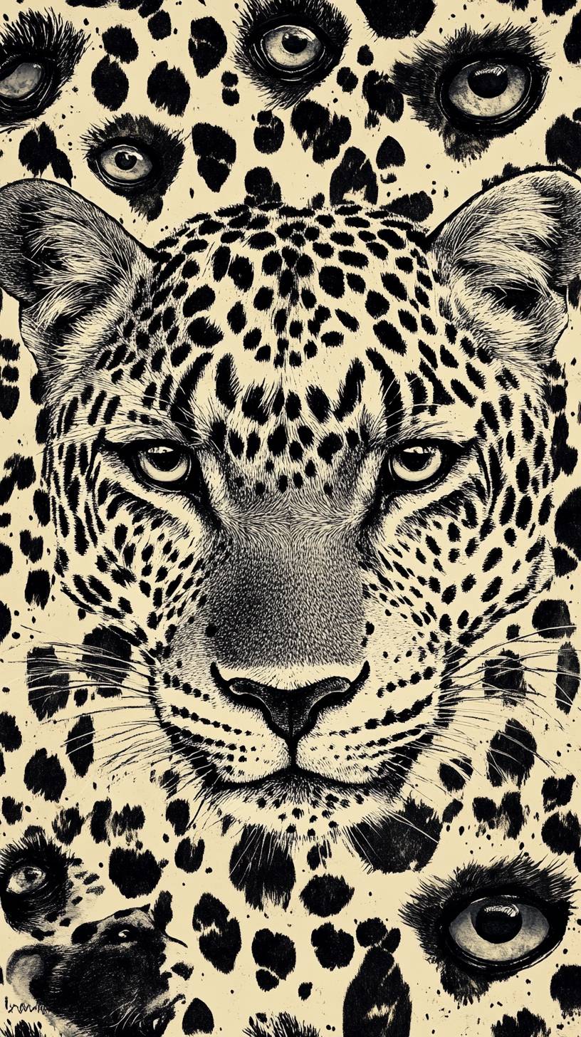 Papel de parede estilo leopardo com foco no padrão e textura, enfatizando a essência da pele de leopardo com olhos realistas, criando uma aparência ousada e moderna.