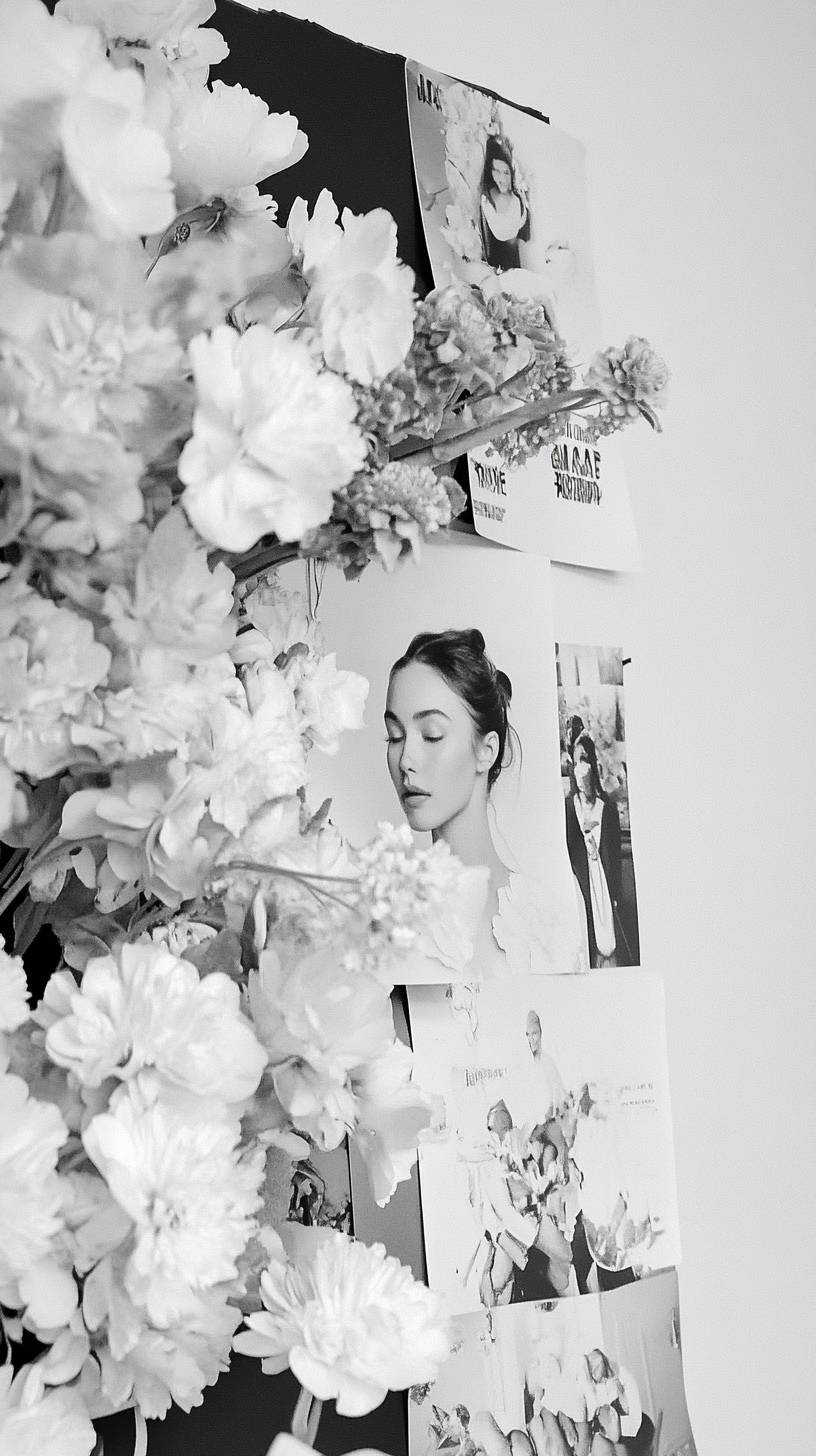 Fashion magazine office with mood board wall, elegant floral arrangements, and greyscale palette in editorial style