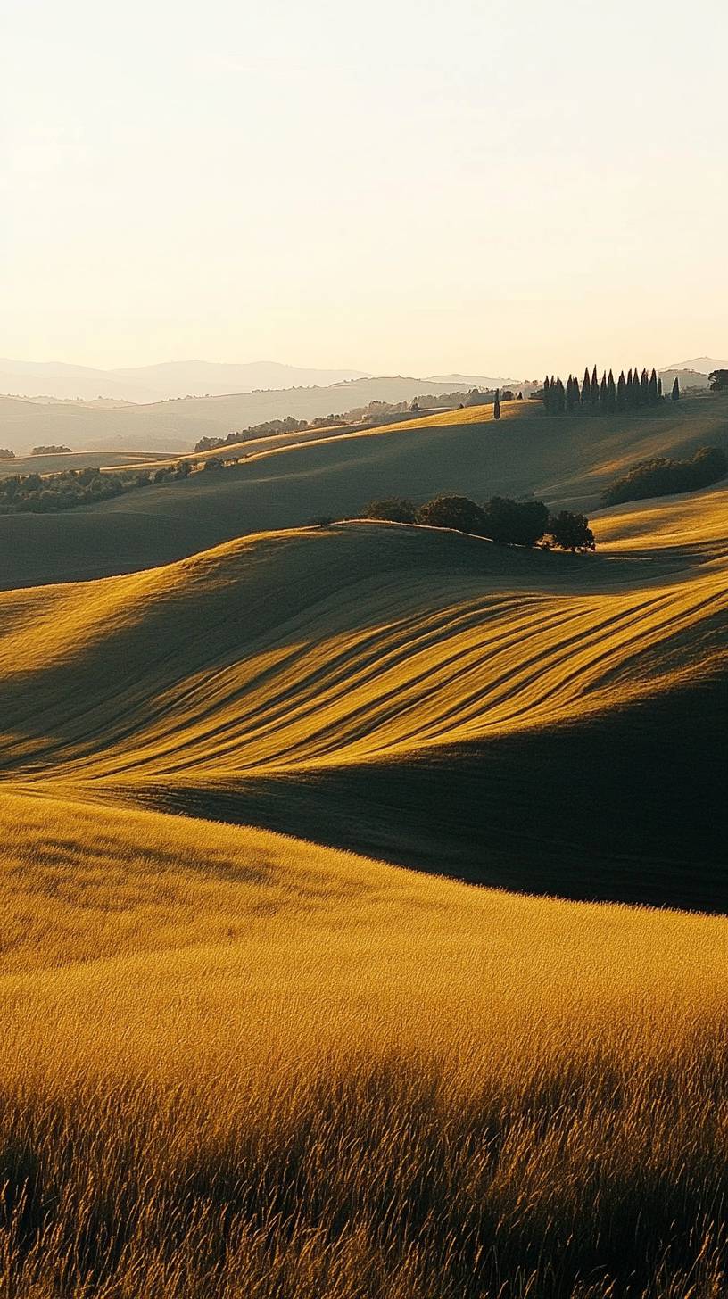 Colinas da Toscana ao pôr do sol, com ciprestes projetando longas sombras.