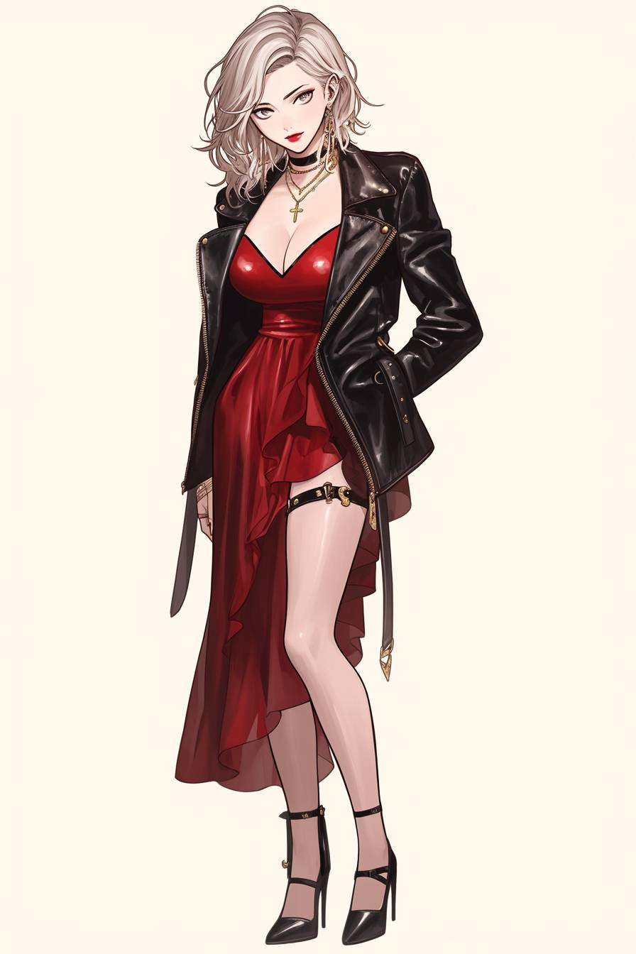 Anime girl with a bold fashion edge in a black leather jacket over a deep red silk dress and pointed-toe heels.