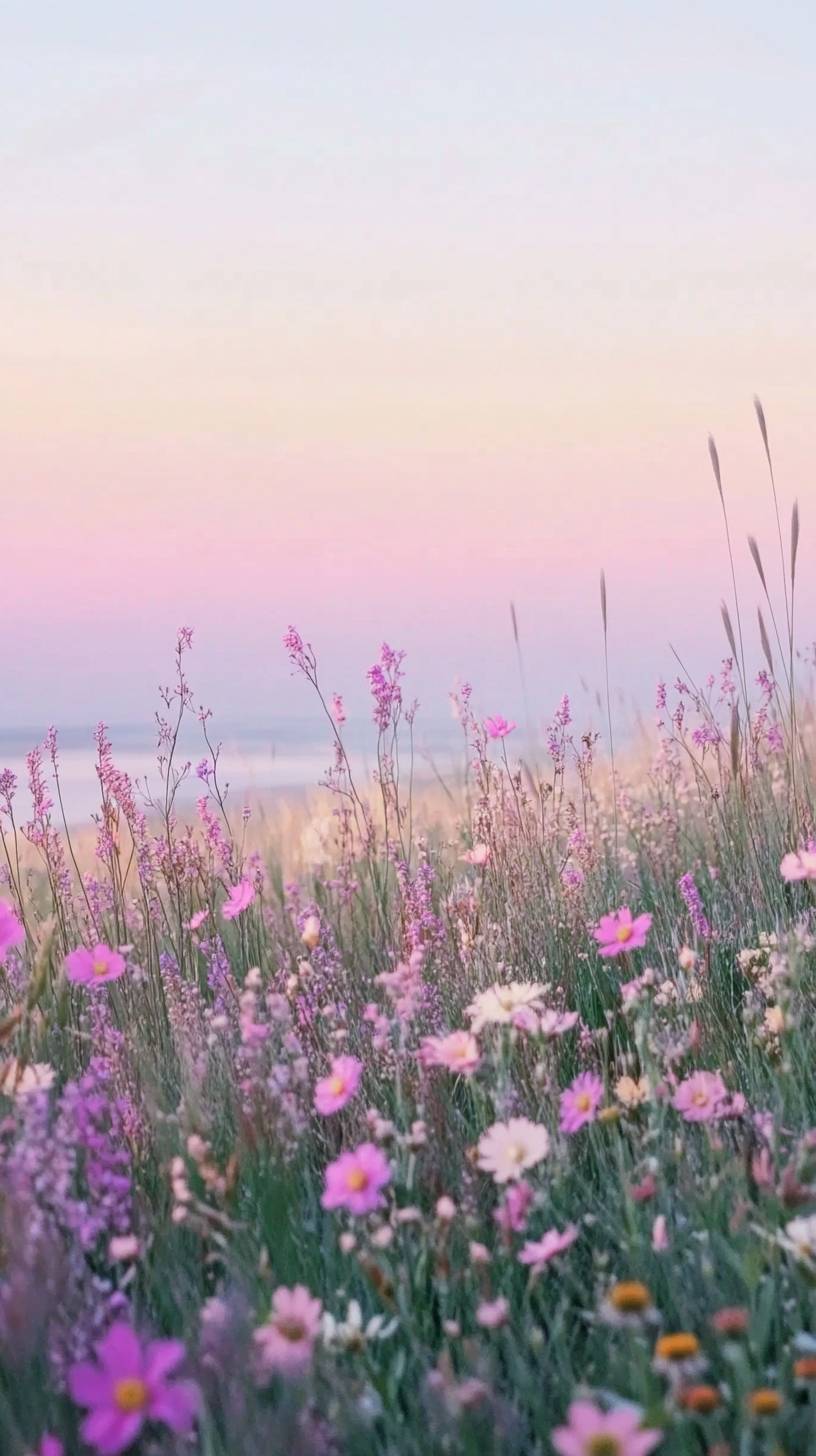 Pradaria costeira com grama alta balançando na brisa do oceano, flores silvestres e um céu de pôr do sol pastel.