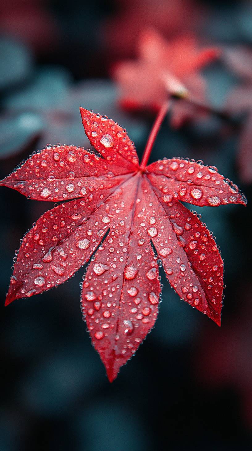 Fondo de pantalla para smartphone en 8K ultra HD que muestra un primer plano de gotas de agua en una hoja con un fondo desenfocado suave.