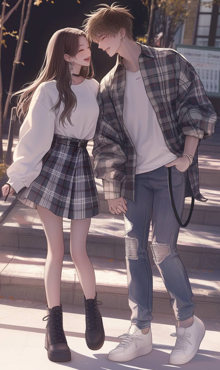 Un couple en tenues de style urbain coordonnées : elle porte une jupe à carreaux et un t-shirt oversized blanc, tandis qu'il est en chemise à carreaux et jeans blancs, partageant un rire main dans la main.