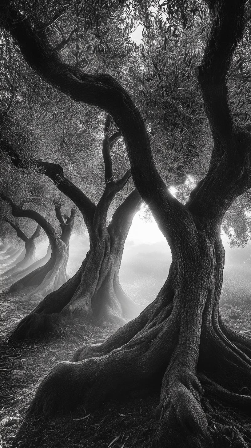 Ancient olive trees, Mediterranean light, twisted trunks, timeless.