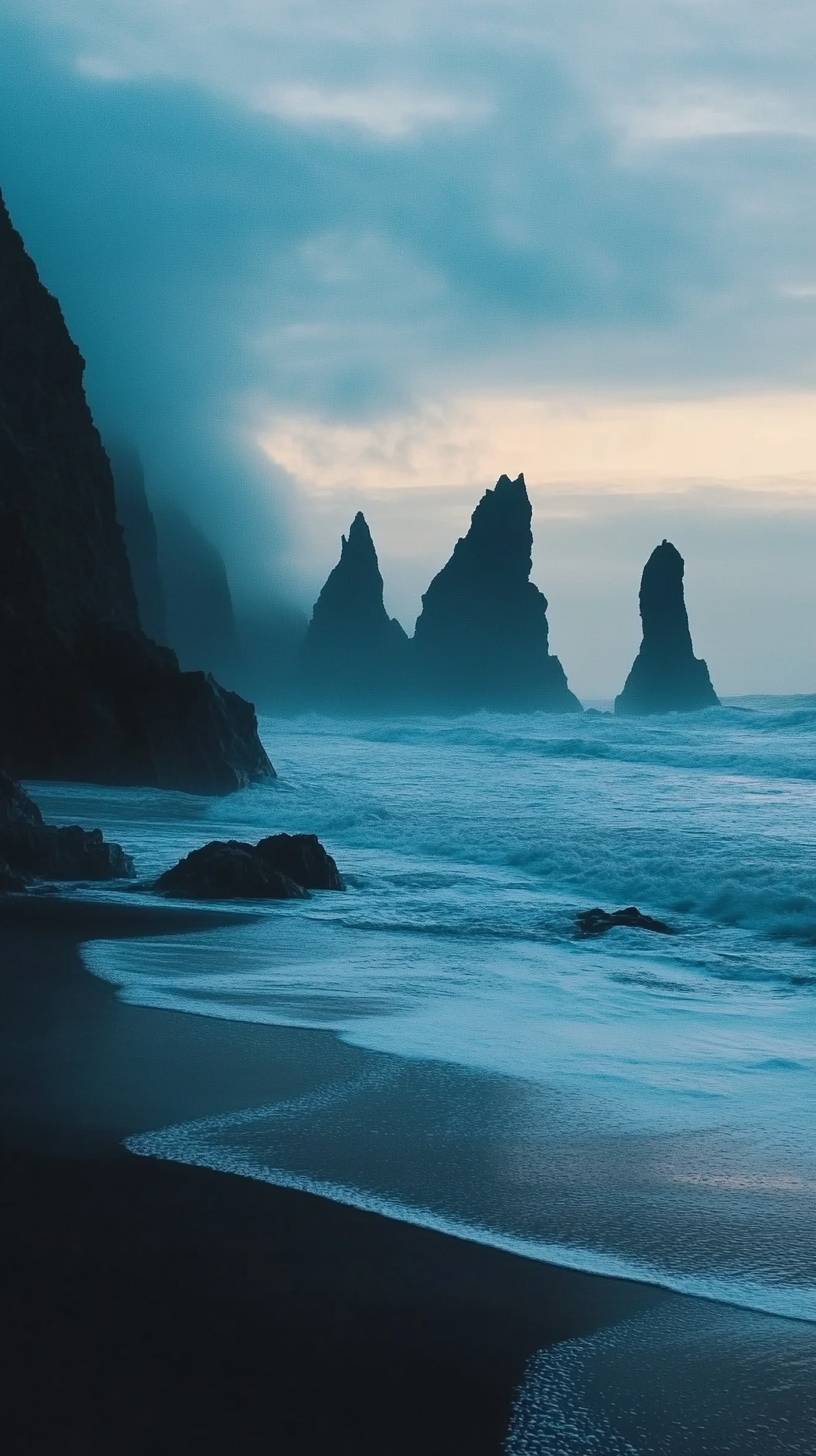 Côte sauvage au crépuscule, vagues douces et silhouettes de tas de mer dans une ambiance morose.