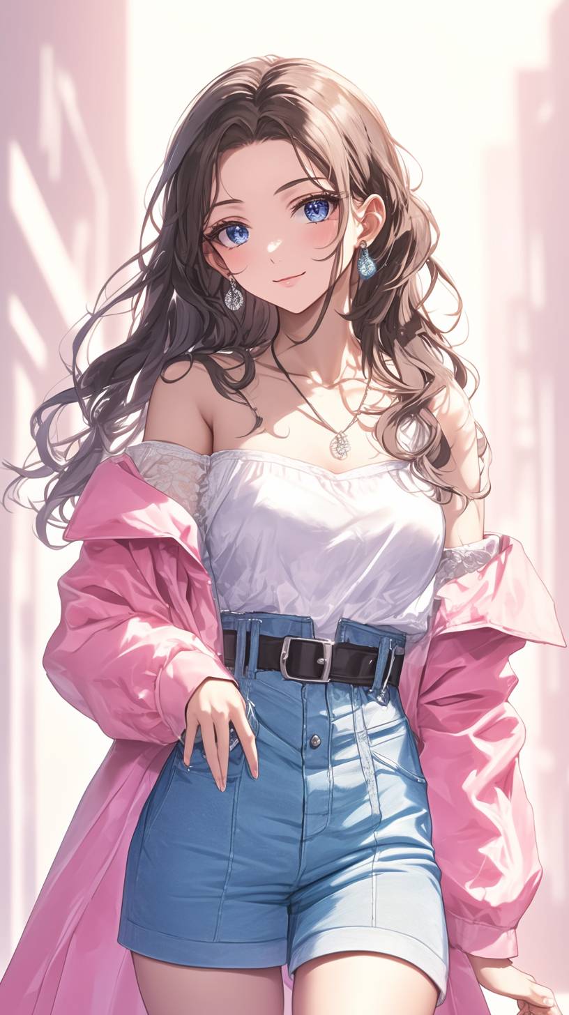 Ein portugiesisches Anime-Mädchen in einem Blumenkleid und einer leichten Jeansjacke, das einen warmen Sonnenuntergang vor gepflasterten Straßen genießt.