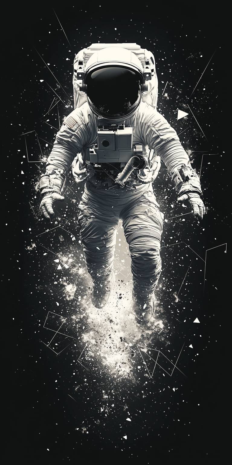 An astronaut exploding into geometric patterns, white on black.