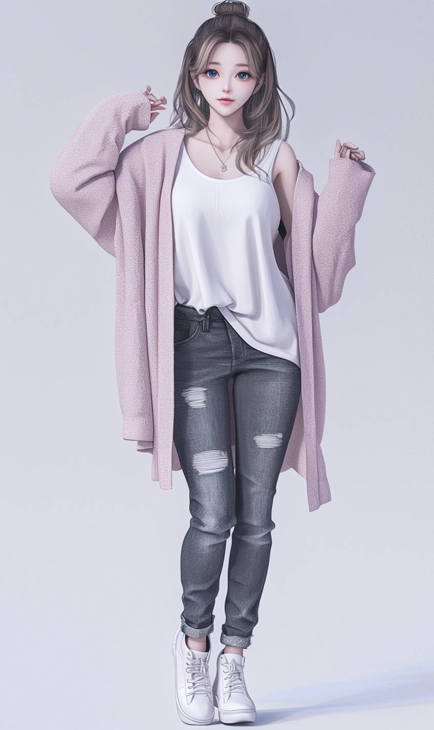 A CG realistic anime girl with striking blue eyes, wearing a light pink oversized cardigan and white tank top paired with ripped jeans.