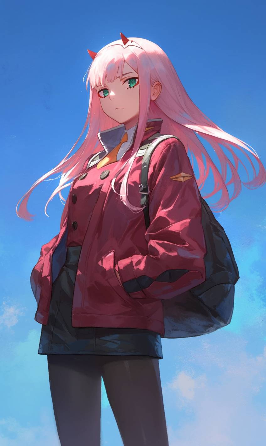 Zero Two de Darling in the Franxx usa uma jaqueta vermelha, leggings pretas e botas brancas, caminhando confiantemente pela rua.