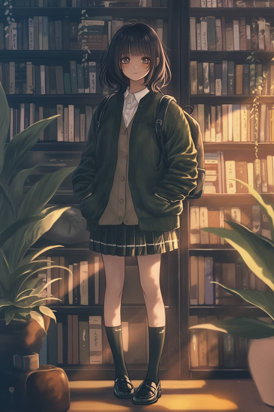 A girl wearing an Other Stories cardigan, pleated skirt, Oxford shoes, and a Fjallraven backpack in a library background.