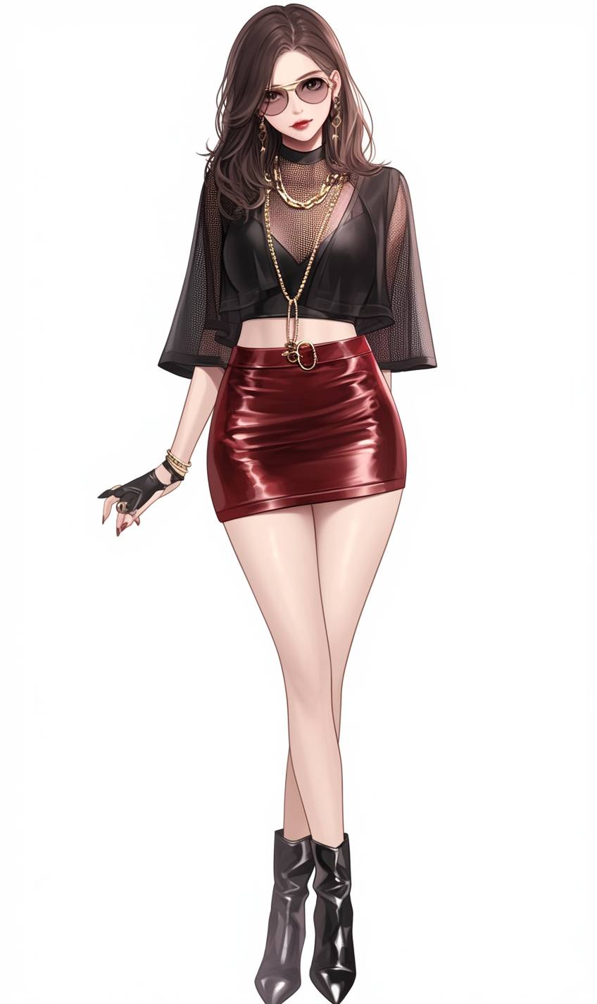 Una chica de anime con un estilo elegante pero audaz, llevando una mini falda de cuero rojo profundo, una blusa de malla negra y botas gruesas, complementada con un collar de cadena dorada y gafas de sol estilo cat-eye.