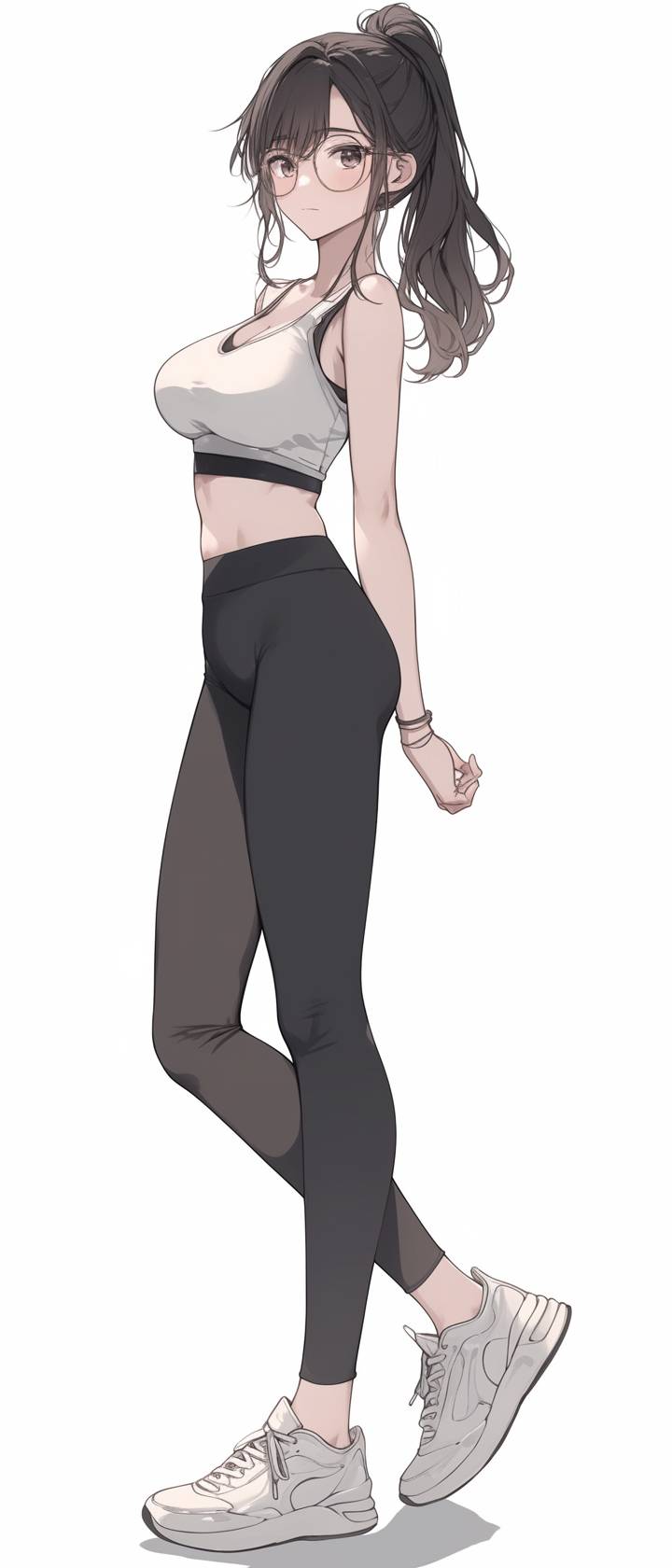 Anime girl wearing a cropped tank top and black leggings, sporty and modern athletic look with sneakers.