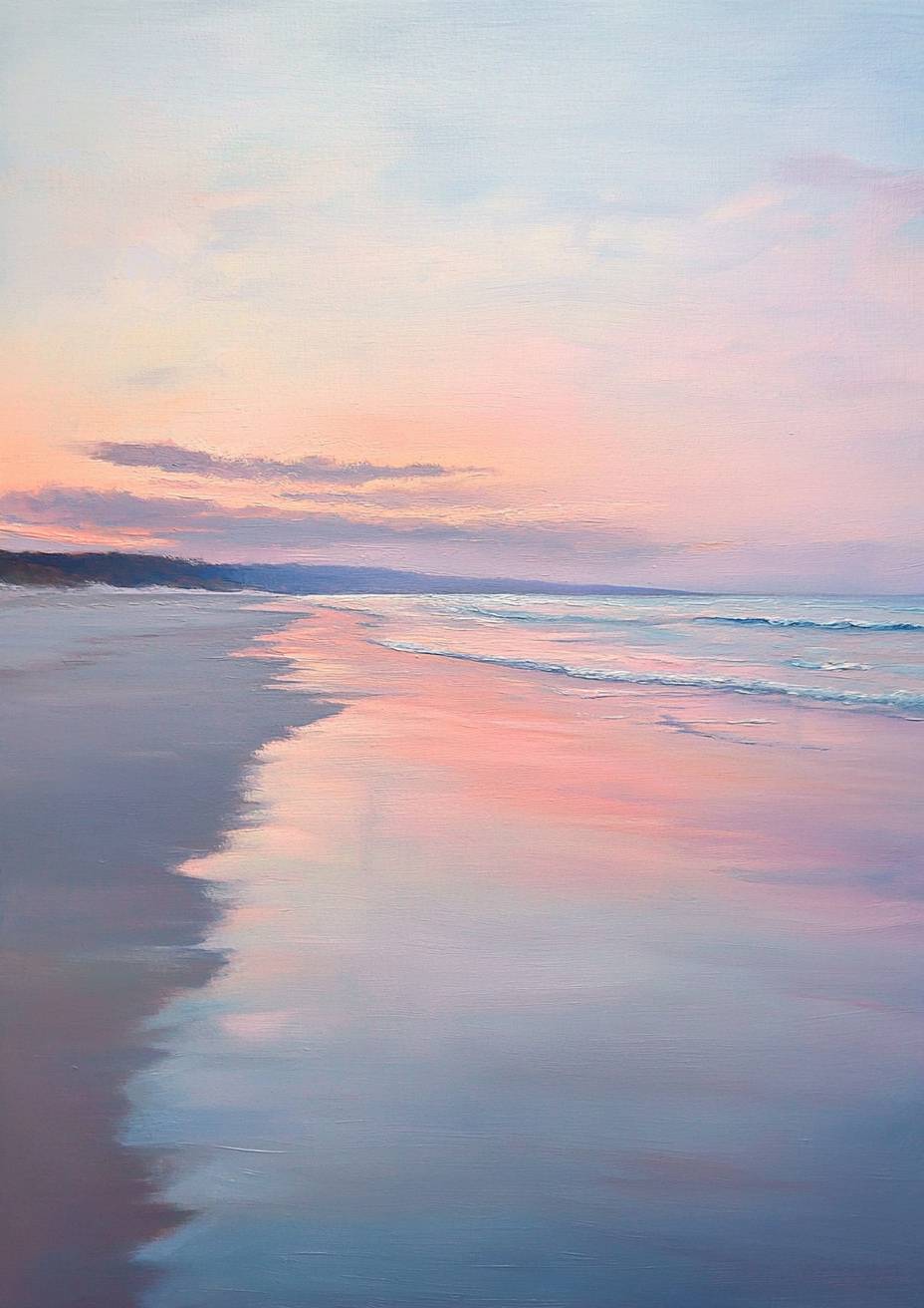 Soft-focus beach sunset, pastel sky reflecting on calm waters, gentle glow.