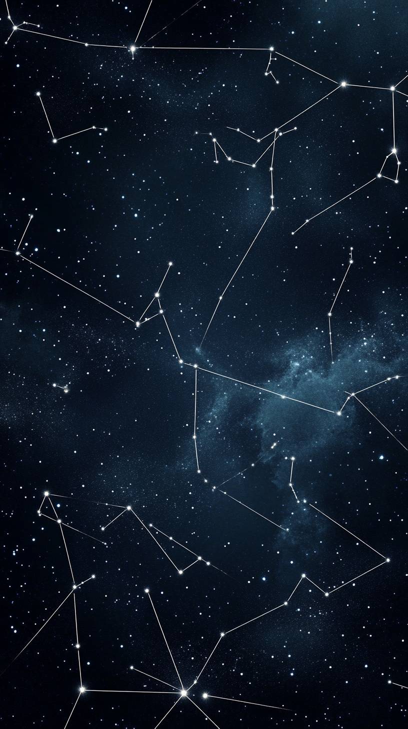 Constellations zodiacales minimalistes sur un fond étoilé sombre, délimitées par des lignes douces et lumineuses avec un subtil effet scintillant.