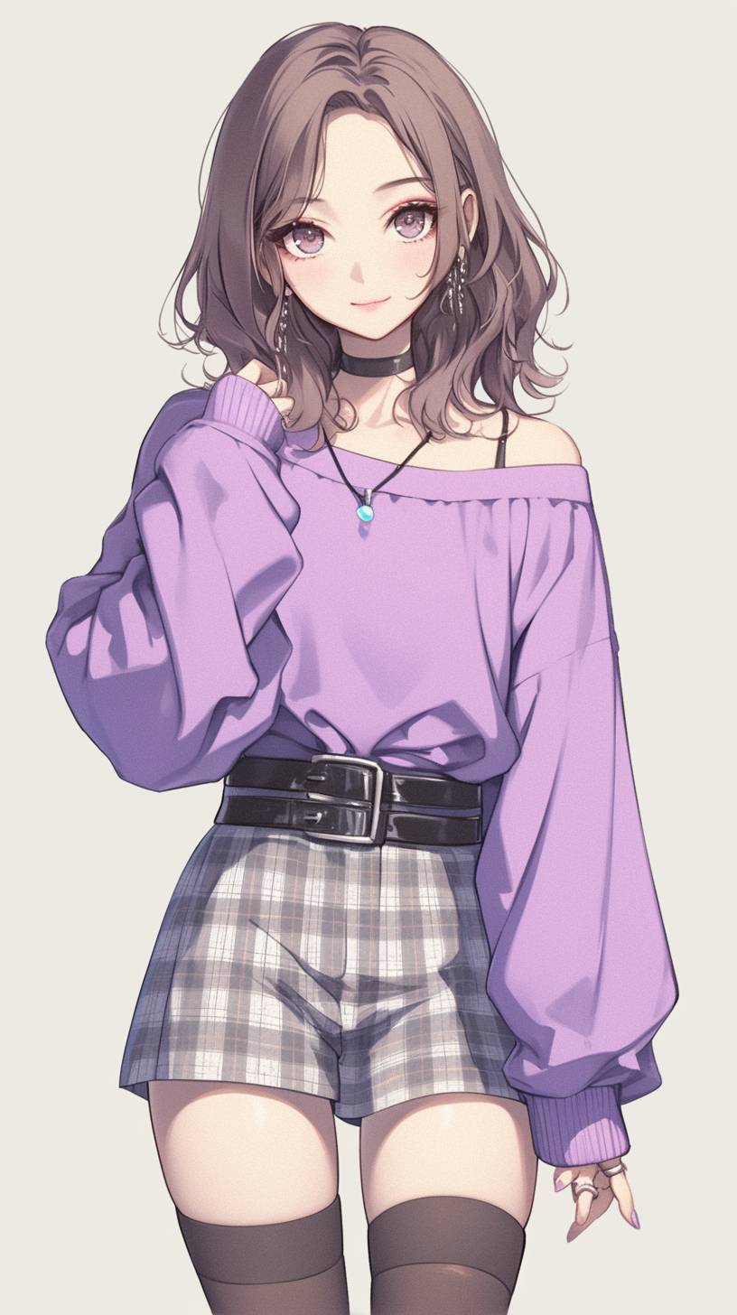 Une fille d'anime japonaise portant un pull oversized pastel et une jupe à carreaux, montrant un style mignon et décontracté.