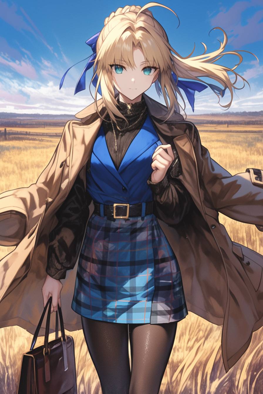 Saber is wearing modern casual attire, a black jacket, a white blouse, and blue jeans while walking elegantly down the street.