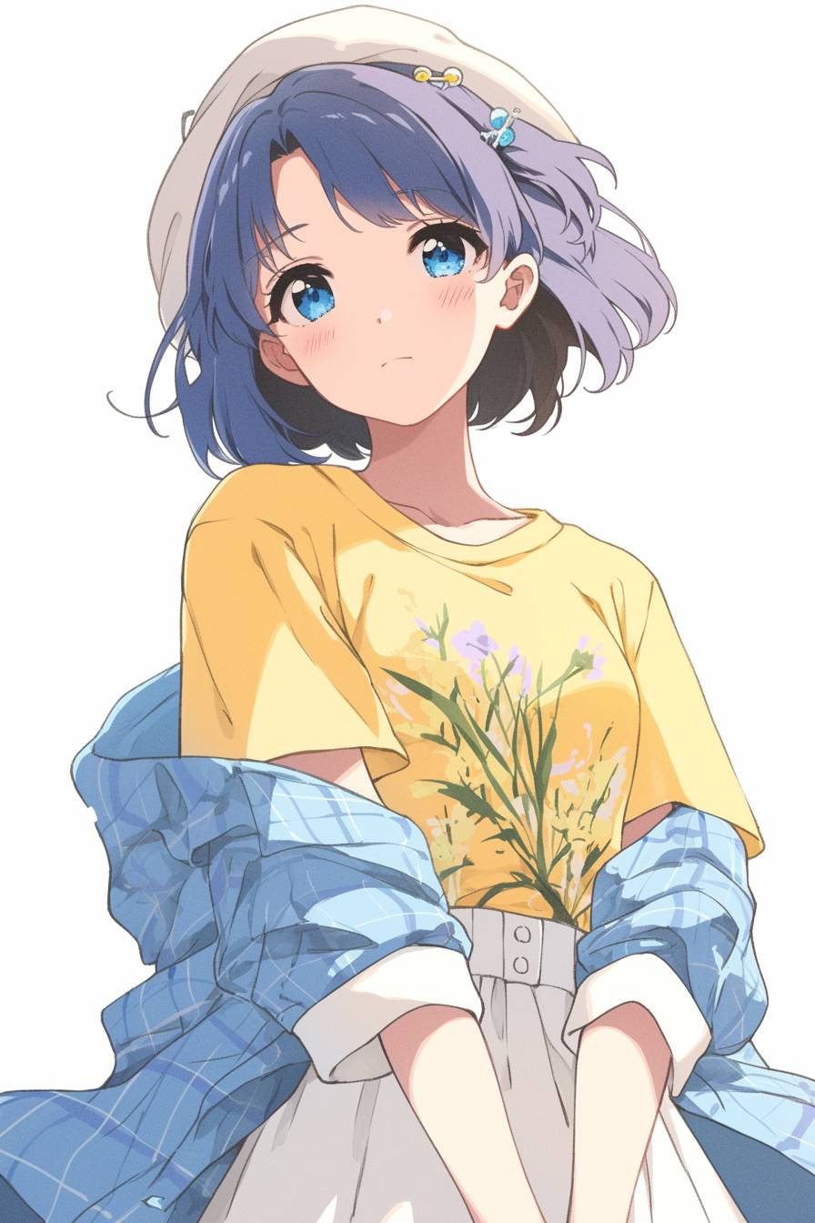 Nodoka Miyazaki is wearing a casual yet cute outfit while walking through a flower shop, with a gentle and caring expression.