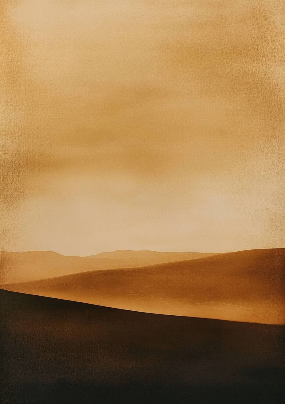 Minimalist desert landscape at sunset, soft sand dunes, warm golden tones, calm atmosphere