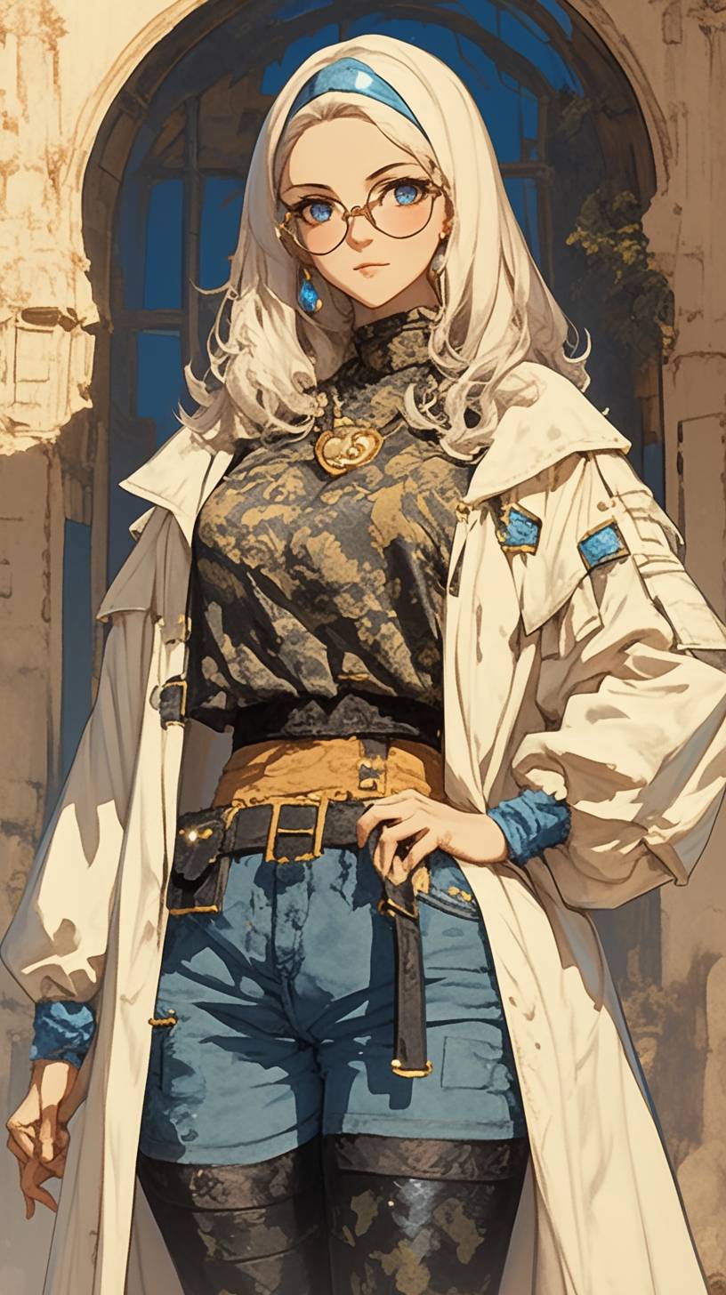 Chica de anime turca con un pañuelo elegante, chaqueta a medida, jeans ajustados y botas de tobillo.