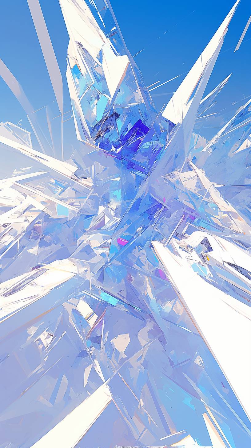 Crystal-like abstract shapes and geometric forms in cool tones of blue, silver, and lavender.