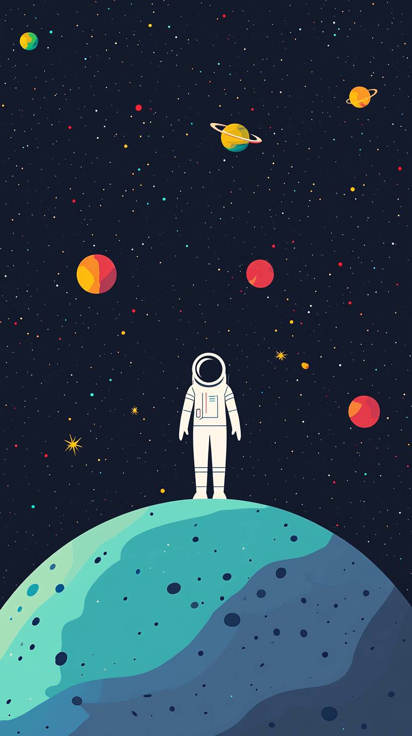 A colorful wallpaper of a space woman walking on an unknown planet.