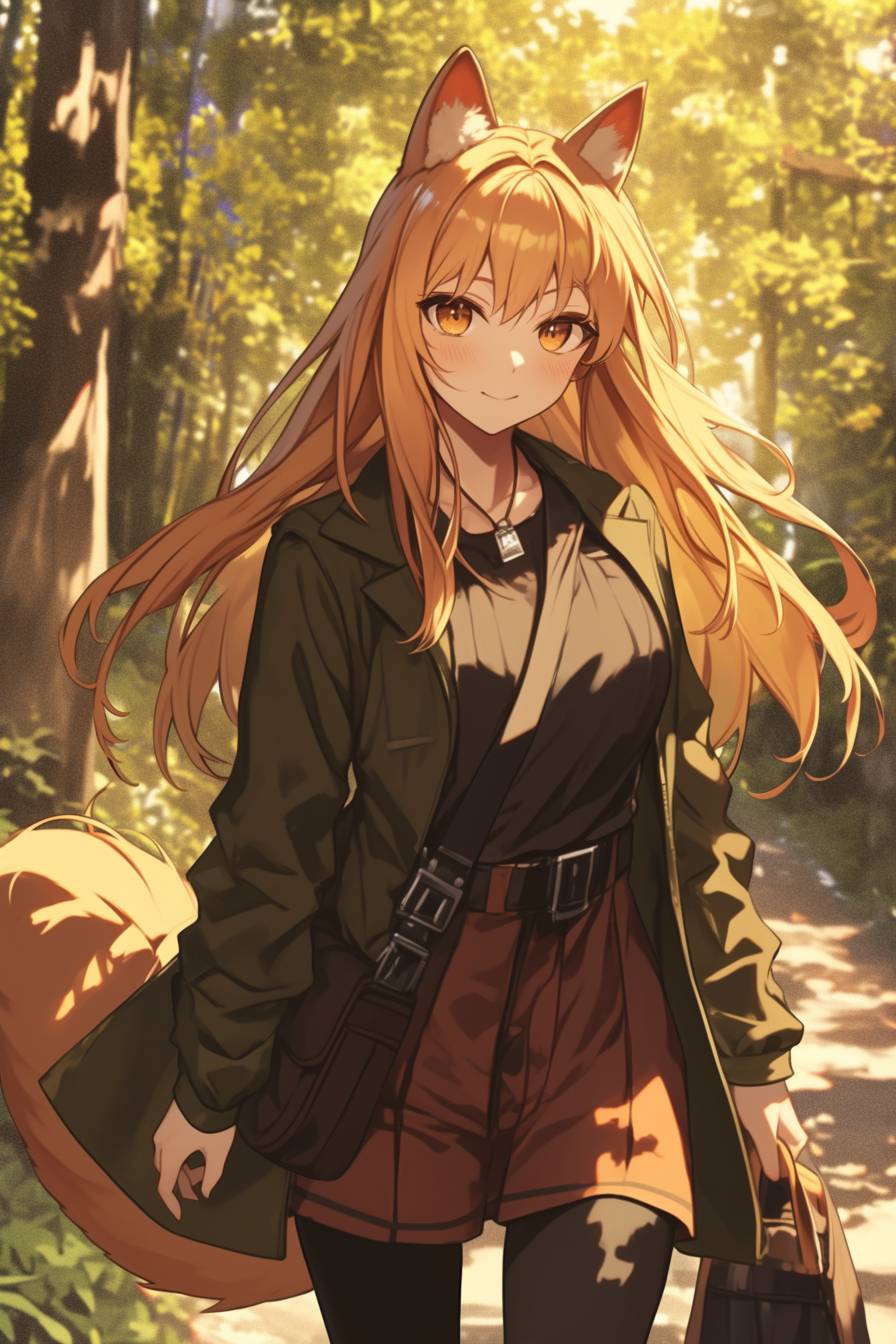 Holo from Spice and Wolf in a casual travel outfit, walking along a forest path, exuding an adventurous and carefree vibe.