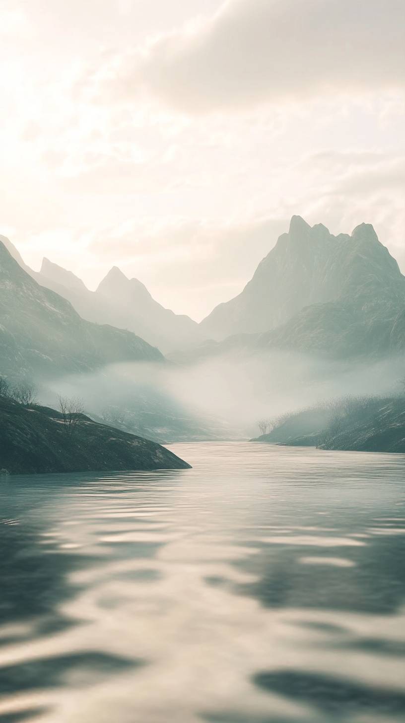 Des montagnes paisibles et brumeuses au loin, avec une lumière douce qui perce, créant une atmosphère calme.