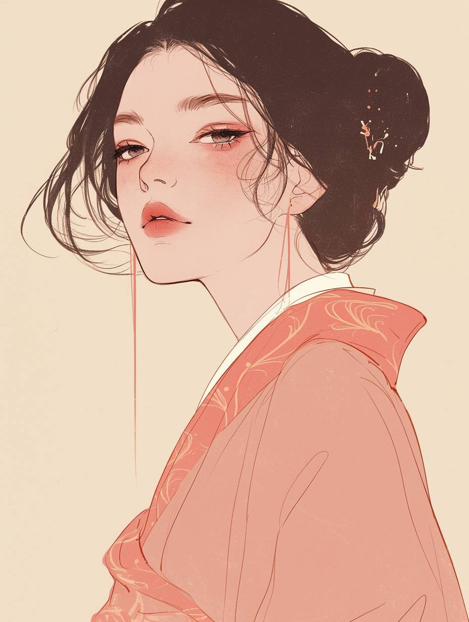 A portrait of a beautiful Chinese woman in a pink gown hanfu, with a minimalist background reflecting traditional meticulous painting style.