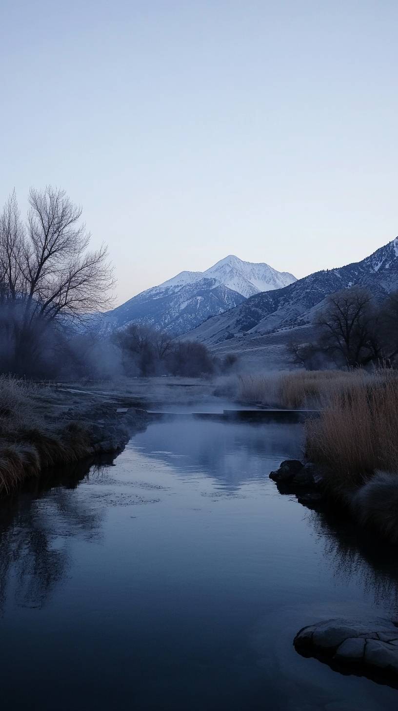 黃昏時分的山間溫泉，蒸汽升起，雪山環繞，寧靜自然。