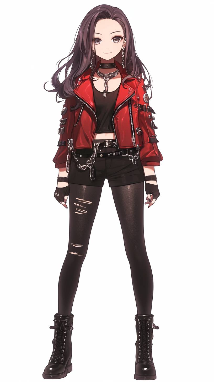 Fille d'anime portant une veste en cuir rouge, un jean skinny noir et des bottes de combat cloutées, offrant un look avant-gardiste inspiré du style urbain d'Ariana Grande.