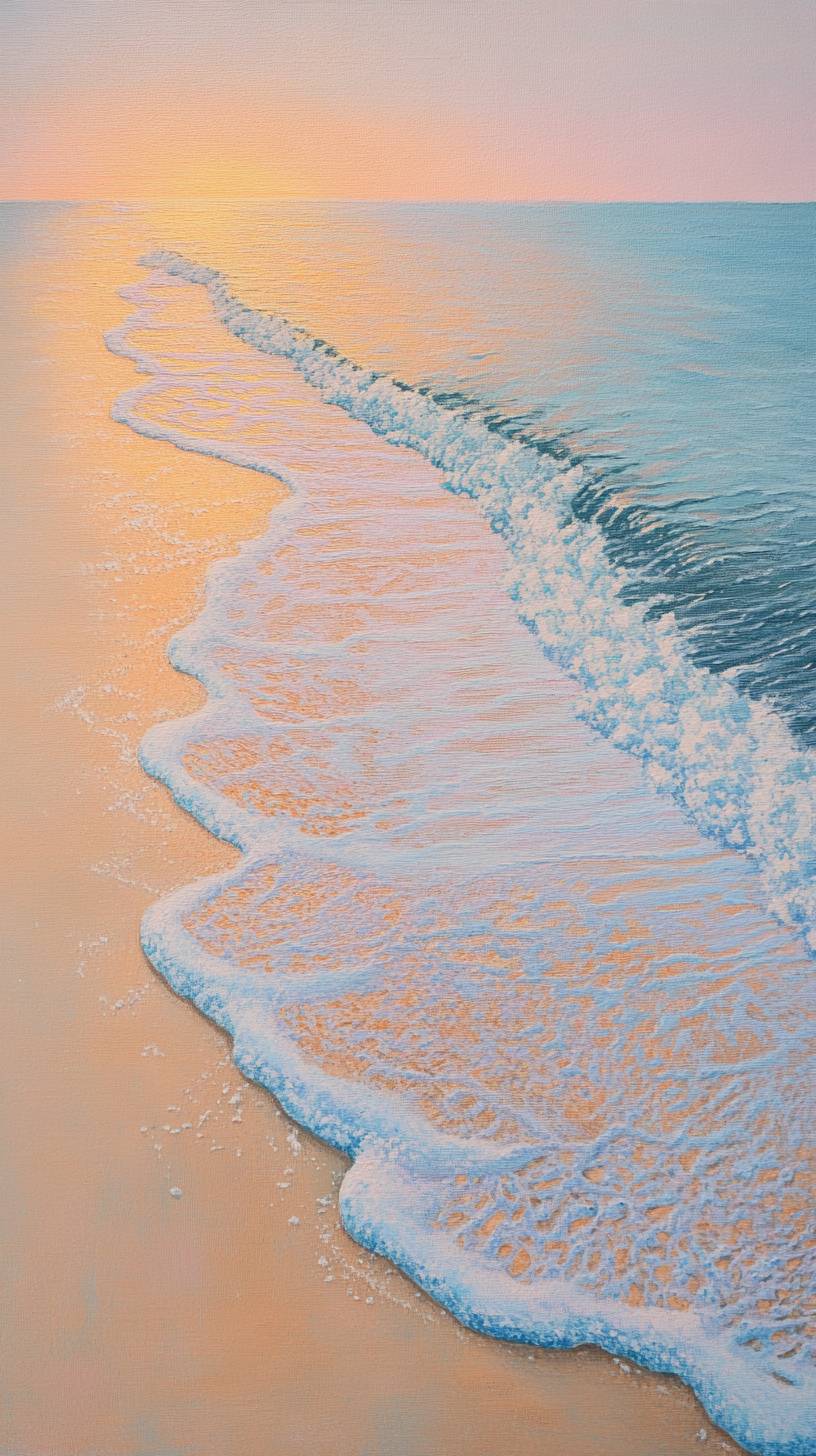 Plage sereine avec du sable doux, des vagues douces et des teintes de coucher de soleil pastel.