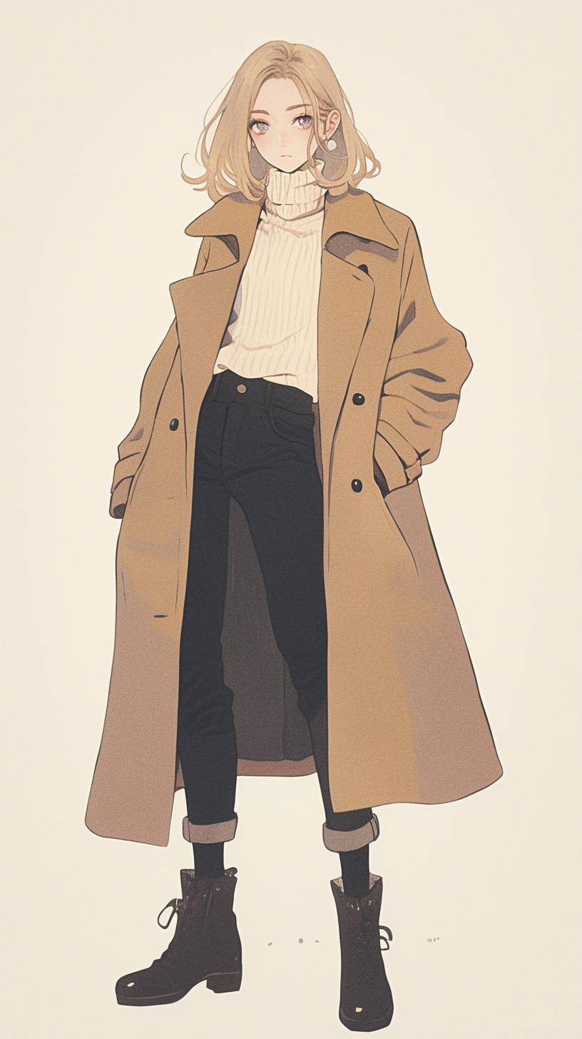 A girl wearing a Max Mara camel coat, cashmere sweater, wool pants, and leather boots, showcasing a luxury winter style.