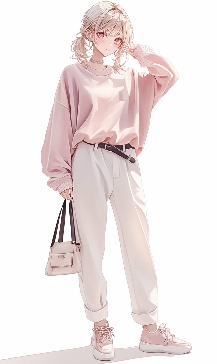 Fille d'anime en sweat pastel oversized doux, avec un pantalon blanc taille haute et des baskets roses.