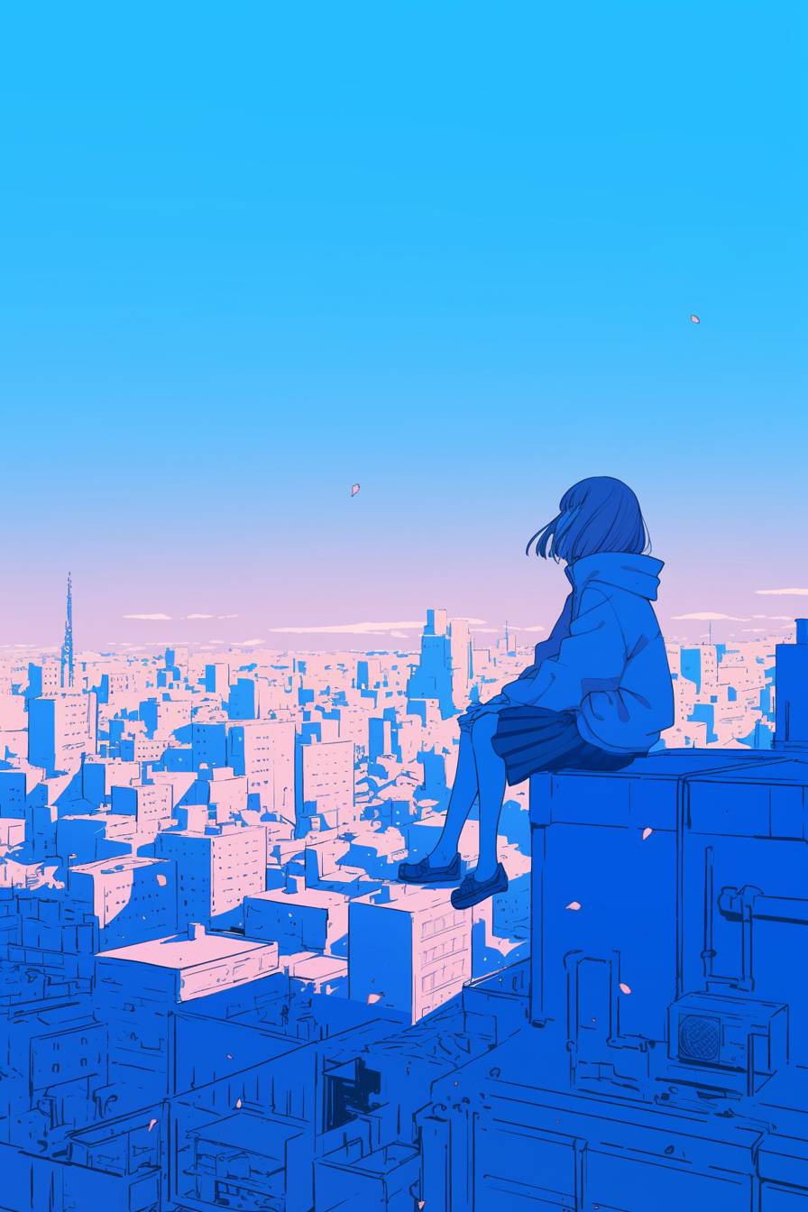 Peaceful anime scene, single character, minimalist cityscape, soft purple hues