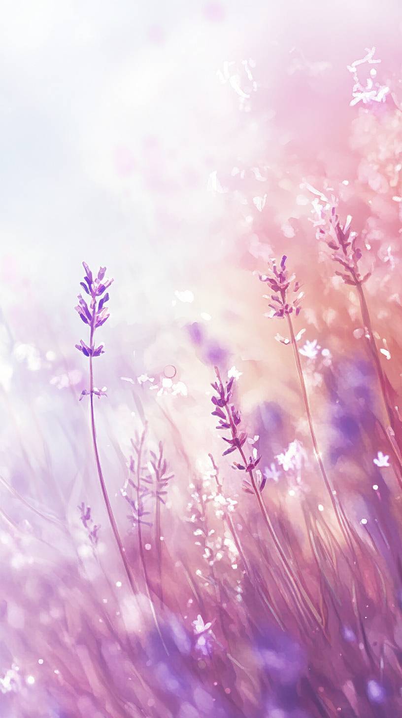 Soft-focus lavender field with a gentle breeze, light pink and purple tones, tranquil and serene