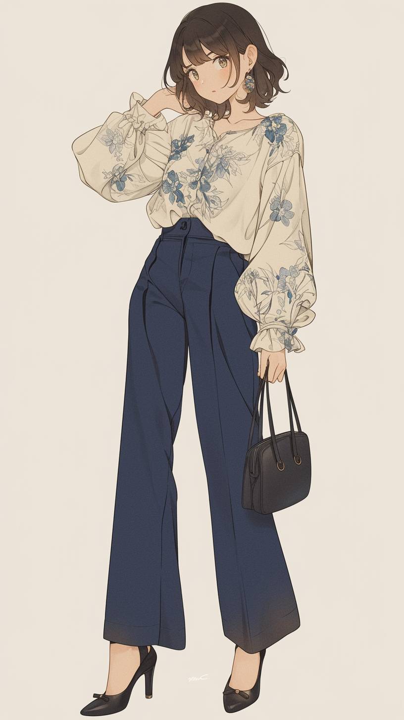 Une fille porte un blouse Sezane, un pantalon taille haute et des talons, affichant un look vintage inspiré.